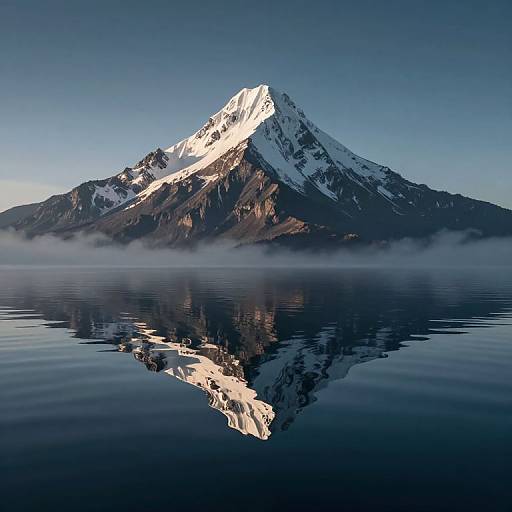 Photograph of a snow-capped mountain reflected in a calm, dark blue lake, with a misty horizon and clear, blue sky.