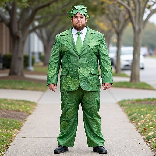Photograph of a bearded man in a green, leaf-patterned suit and matching leaf headpiece, standing on a suburban sidewalk.