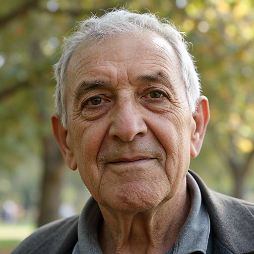 Close-up photograph of an elderly man with short white hair, wrinkled face, and a gentle smile, wearing a gray coat, set against a blurred