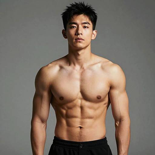 Photograph of a muscular, shirtless Asian man with spiky black hair, defined abs, and light skin, standing against a gray background.