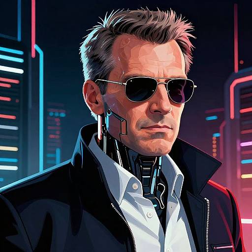 Digital artwork of a middle-aged man with short, spiky gray hair, wearing black sunglasses, a black jacket, white shirt, and futuristic cybernet