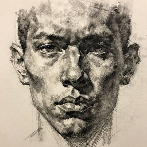 Monochromatic, textured charcoal drawing of a young man with intense, shadowed eyes and pronounced facial features, creating a somber, realistic portrait.