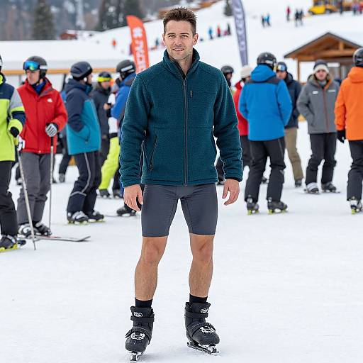 Photograph of a smiling man in a black jacket and black shorts standing on a snowy ski slope, surrounded by skiers in colorful winter gear.