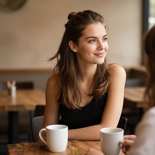 Photograph of a smiling, fair-skinned woman with brown hair in a casual black top, sitting at a wooden table with two white mugs in