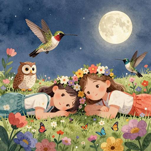 Girls in Flower Meadow Under Full Moon