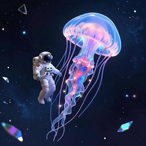 Digital artwork of an astronaut in a white spacesuit floating beside a glowing, translucent jellyfish with pink and blue accents in a starry, cosmic background