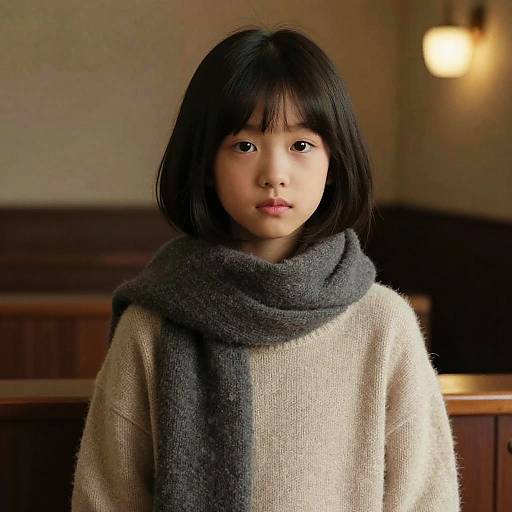 Photograph of an Asian girl with black shoulder-length hair, wearing a beige sweater and gray scarf, standing indoors with wooden paneling and warm lighting in