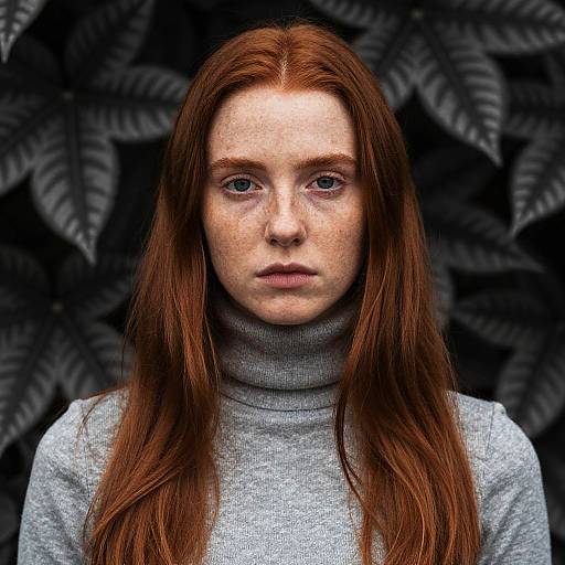 Photograph of a pale, freckled young woman with long red hair, wearing a grey turtleneck, against a dark, leaf-patterned