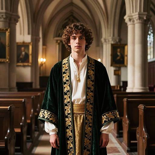 Photograph of a young man with curly brown hair, wearing a black and gold embroidered robe over a white shirt, standing in a dimly lit Gothic