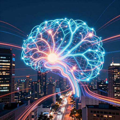 Photograph of a neon blue brain-shaped light installation against a nighttime city skyline, with colorful light trails and illuminated buildings.