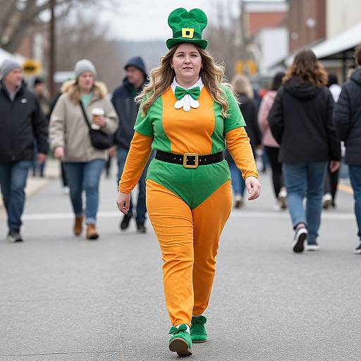 Photograph of a smiling woman in a green and orange leprechaun costume, walking down a city street with blurred pedestrians.