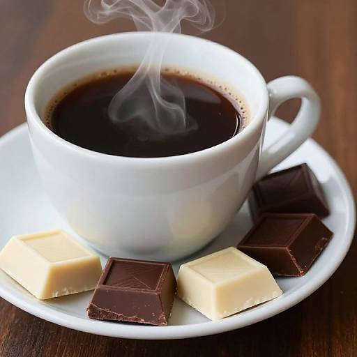 Photograph of a white cup of steaming black coffee with dark and white chocolate squares on a white saucer on a wooden table.
