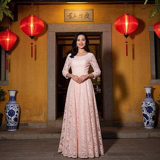 Elegant Woman in Pink Lace Dress