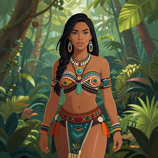Digital art of a dark-skinned woman with long black hair, wearing colorful tribal attire, standing in a lush jungle with vibrant greenery.