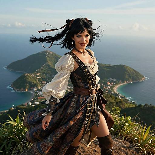 Digital art of a black-haired woman in a pirate-style dress, standing on a cliff overlooking a coastal town and ocean.
