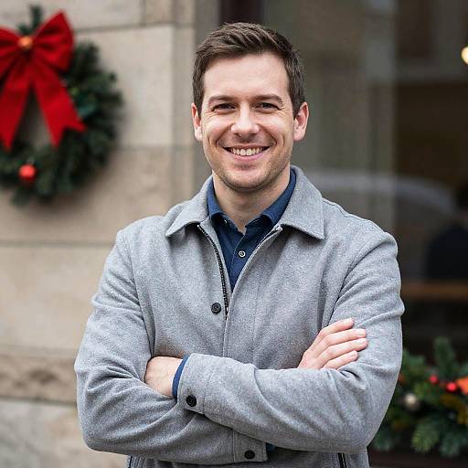 Smiling man with short brown hair, grey coat, and dark blue shirt, stands with arms crossed in front of a Christmas wreath with a red