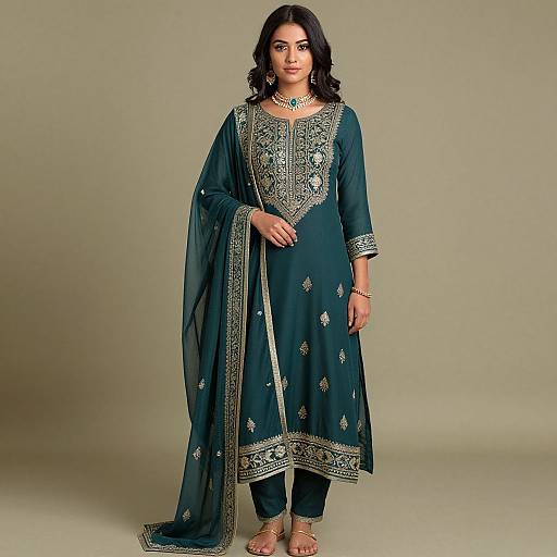 Photograph of a South Asian woman in a dark blue traditional kameez with intricate gold embroidery, green choker, black pants, and beige shoes