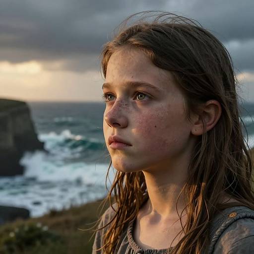 Photograph of a young girl with wet, brown hair, freckled face, and serious expression, standing by a stormy ocean at sunset.