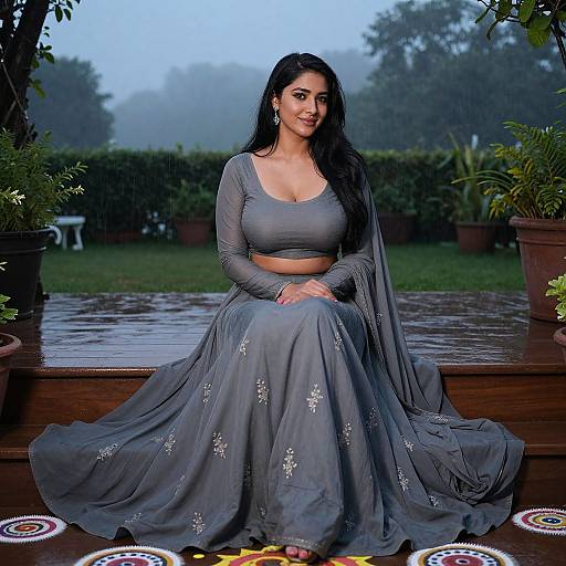 Photograph of a smiling Indian woman with long black hair, wearing a gray, long-sleeve crop top and matching floral-embellished leh