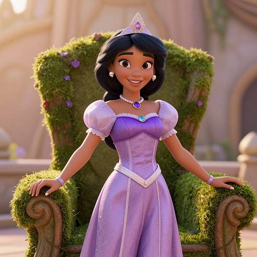 CGI princess with dark skin, black hair, purple dress, white puffed sleeves, tiara, and purple gem necklace, standing in front of