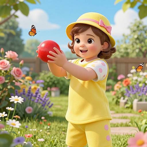 CGI image of a smiling young girl in a yellow outfit and hat, holding a red ball, surrounded by colorful flowers and butterflies in a sunny garden