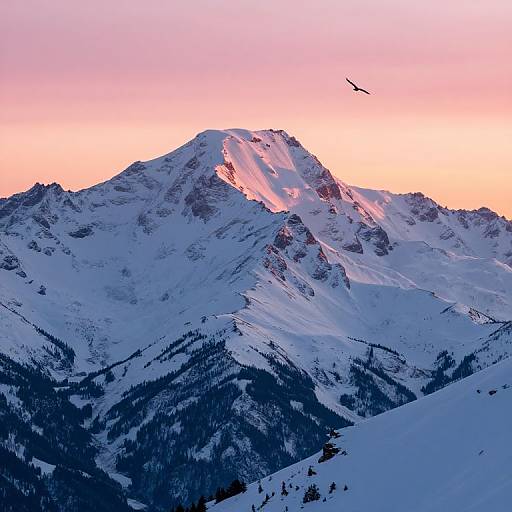 Photograph of a snow-capped mountain at sunset, with a pink-orange sky, jagged peaks, and a single bird flying overhead.