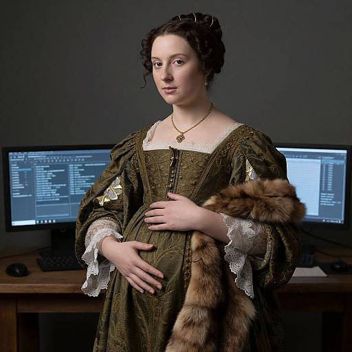 Photograph of a pale-skinned, dark-haired woman in 18th-century brown dress with lace, gold stars, and fur stole, standing in