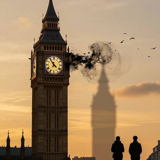Photograph of Big Ben clock tower with black smoke emerging, shadowed silhouette of two people, birds flying, golden sunset sky.