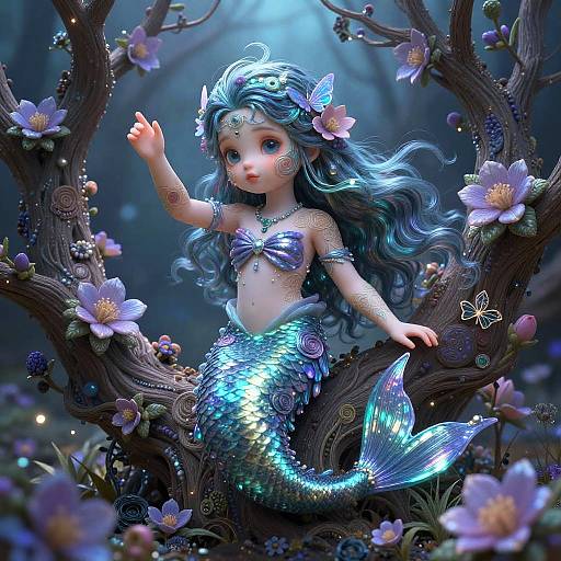 Digital fantasy artwork of a blue-eyed, mermaid princess with flowing teal hair, wearing a purple bow, perched on a flowering tree in an enchanted