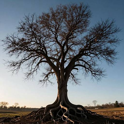 Photograph of a large, leafless tree with intricate branches, standing in a field at sunset, silhouetted against a clear blue sky.