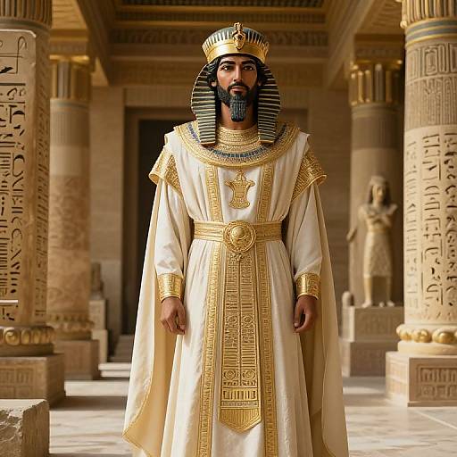 Photorealistic image of an Egyptian pharaoh with dark beard, striped headdress, white and gold robe, standing in a temple hallway with carved columns