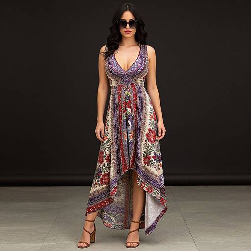 Photograph of a woman with long black hair, wearing a deep V-neck, colorful, floral-patterned, wrap dress with a high-low hem,