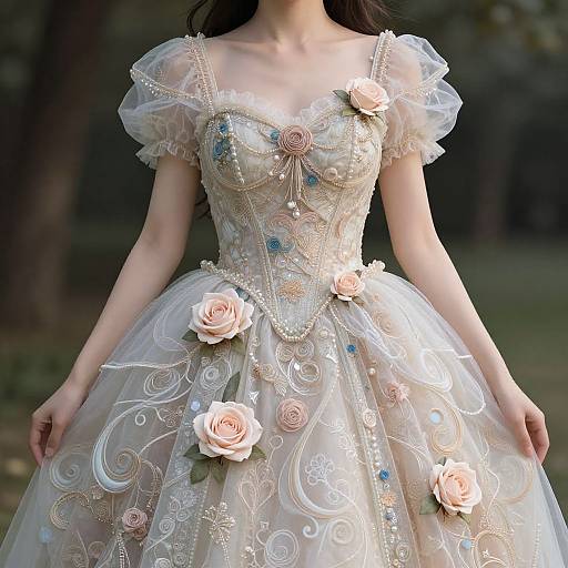 Photograph of a woman in an elegant, cream-colored, sheer-embellished ball gown with pink roses and blue gems, standing in a forest
