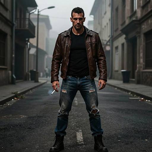 Photograph of a muscular man with dark hair, wearing a brown leather jacket, black shirt, ripped jeans, and black boots, standing confidently on a