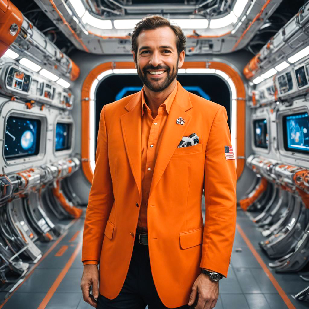 Astronaut in Orange Blazer at Space Station