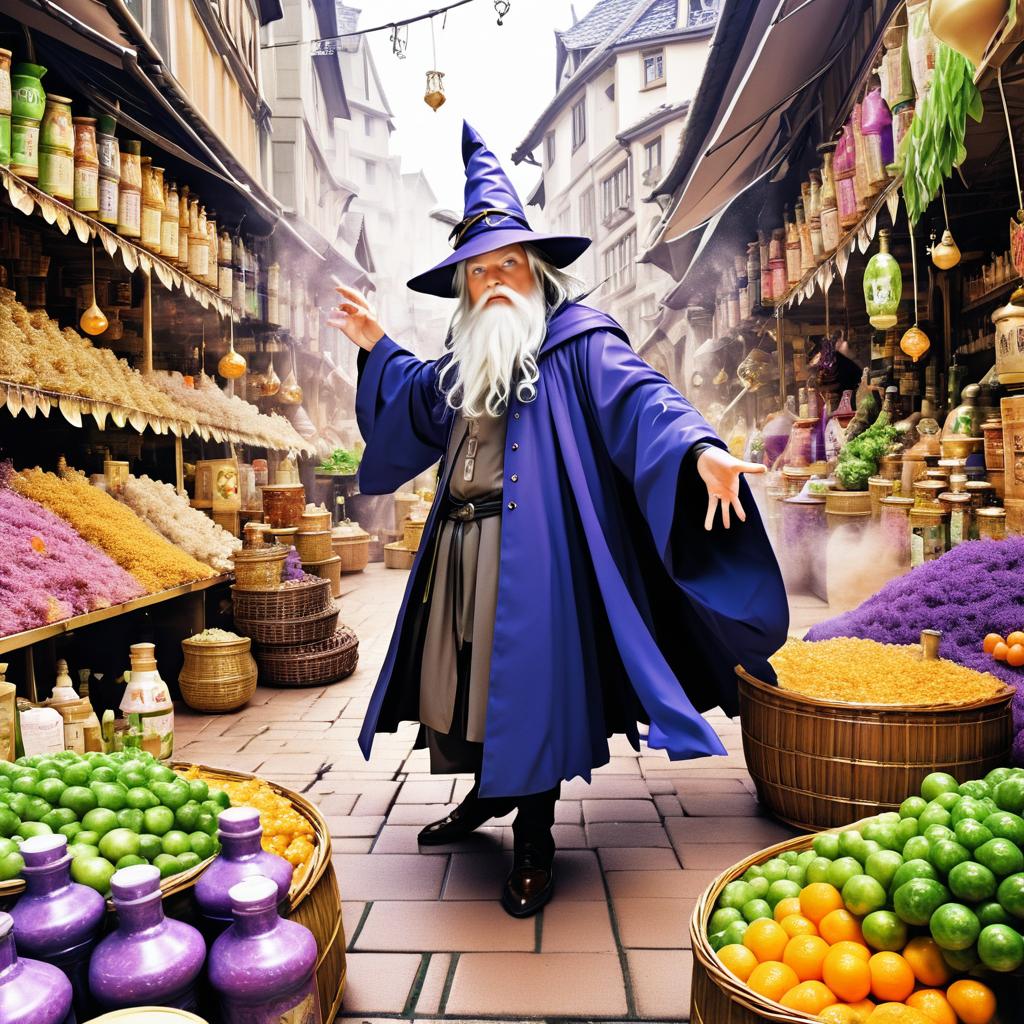 Clumsy Wizard's Potion Mishap in Market