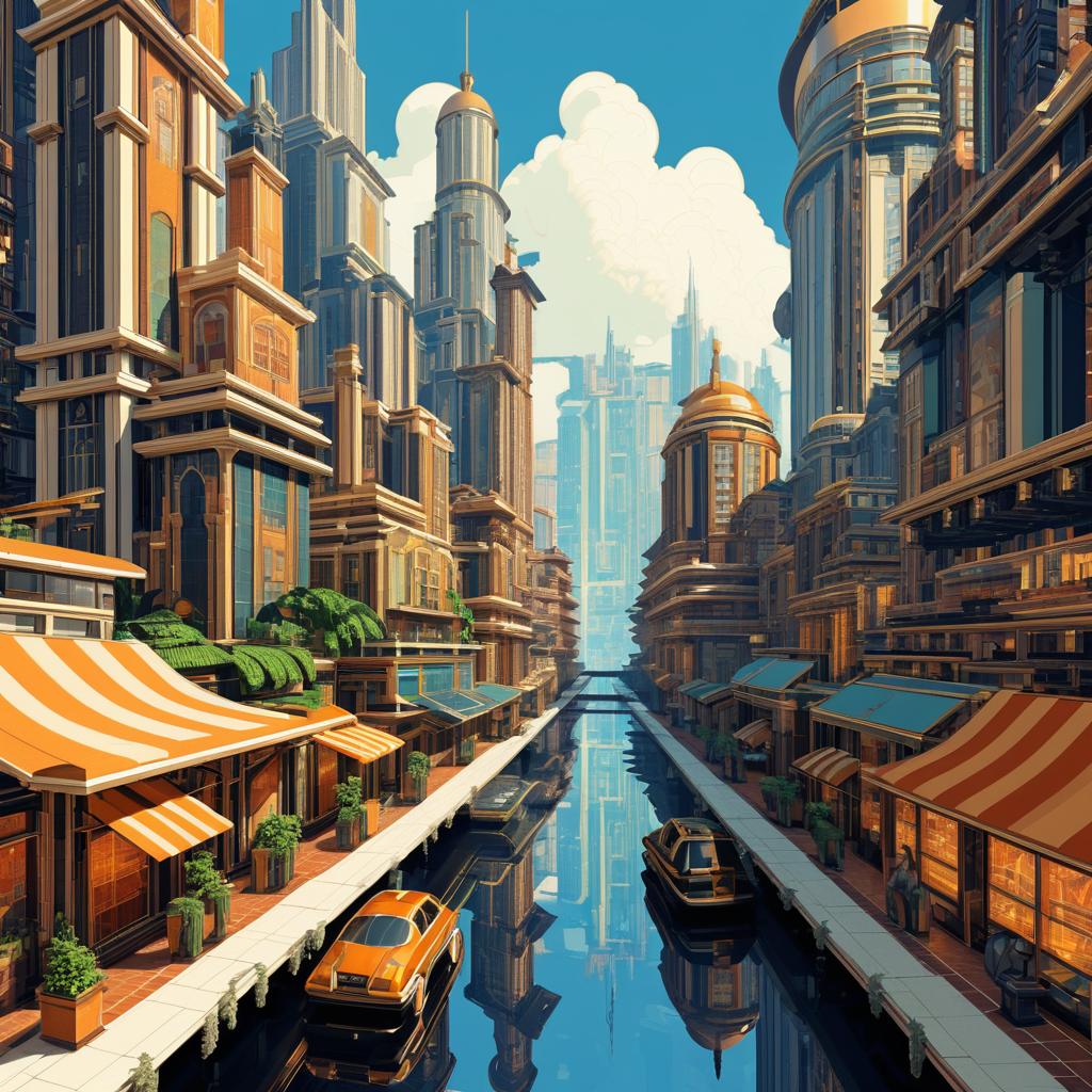 Retro-Futuristic 2D Port Town Artwork