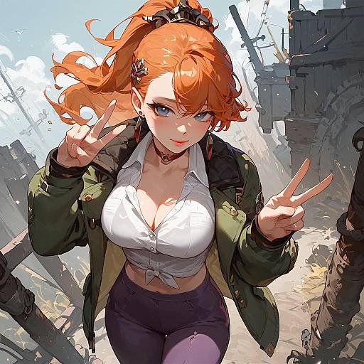 Digital anime-style illustration of a red-haired woman with blue eyes, wearing a green jacket, white tied blouse, and black pants, flashing peace signs in