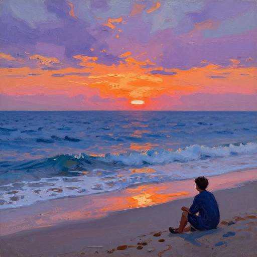 Digital painting of a person in a blue shirt sitting on a sandy beach, watching a vibrant orange and purple sunset over the ocean.