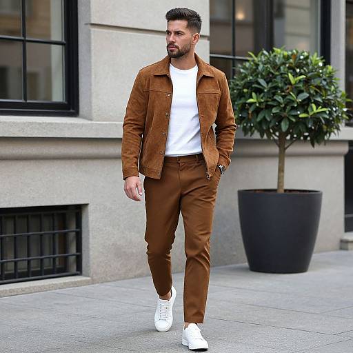 Photograph of a bearded man with dark hair, wearing a brown suede jacket, white t-shirt, brown pants, and white sneakers, walking on