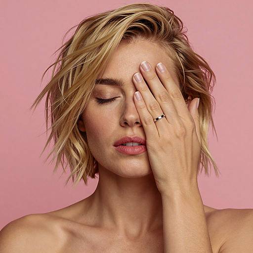 Blonde woman covering her eye with hand