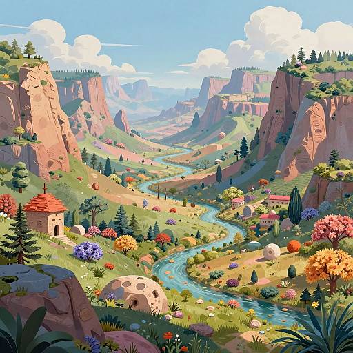 Vibrant digital illustration of a lush, mountainous valley with a winding blue river, colorful flowers, small red-roofed buildings, and towering