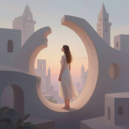 Digital painting of a woman in a white dress standing in a large circular cutout of a white, architectural structure, with a sunset cityscape and soft
