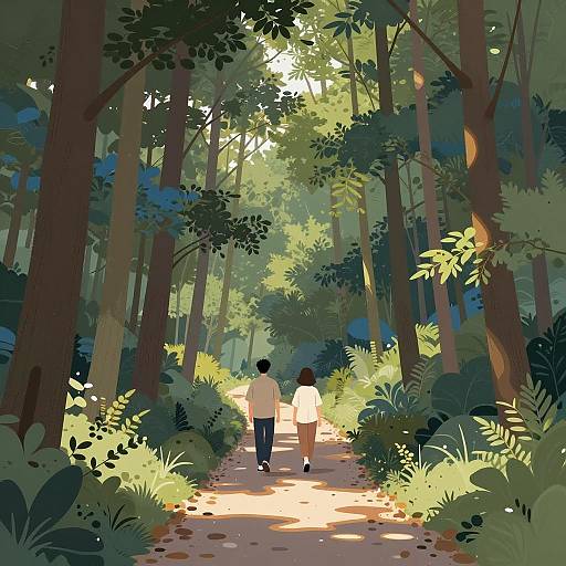 Serene Forest Path with Figures Walking