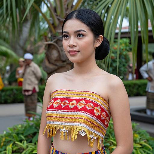 Photograph of a young Asian woman with dark hair in a bun, wearing a red and yellow embroidered strapless top with gold fringe, standing outdoors in