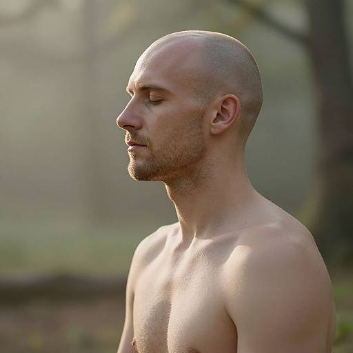 Photograph of a bald, light-skinned, shirtless man with a trimmed beard and closed eyes, standing in a sunlit, blurred forest background