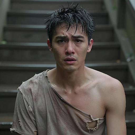 Concerned Young Man in Wet Shirt