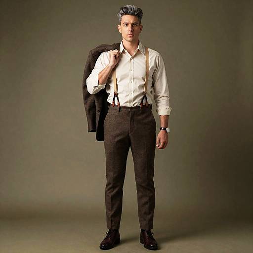 Man in Brown Wool Trousers with Suspenders and Tweed Blazer