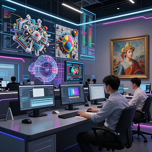 Photograph of two men working at modern, neon-lit desks with multiple screens, surrounded by digital art and a classical painting.