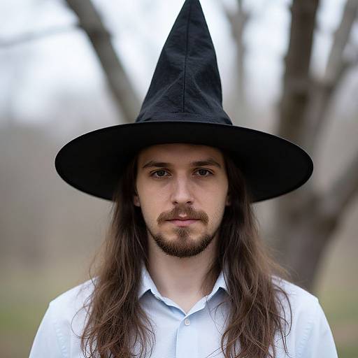 Photograph of a young man with long brown hair, beard, wearing a black witch hat and white shirt, standing outdoors.